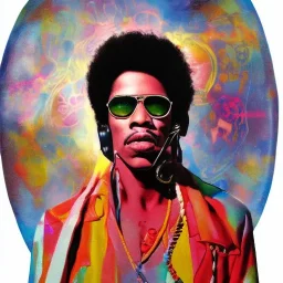 a realistic portrait of Jimi Hendrix at a turntable with headphones on being a DJ, vivid color, with sunglasses