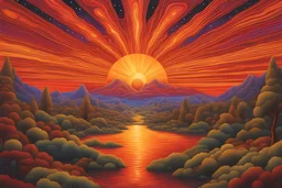cosmic sunset in a psychedelic orange, red, and yellow color palette in the illustrated style of alex grey