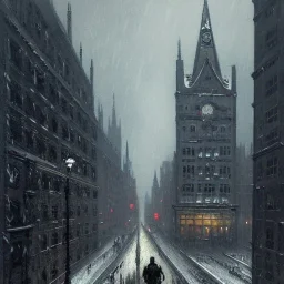 Gotham city View from a snow rain rooftops of corner gothic Buildings, Central station, Piccadilly, Uphill roads, elevated trains, Gothic Metropolis , Neogothic architecture, Metropolis Fritz Lang by Jeremy mann, John atkinson Grimshaw, "Gothic architecture, London, edimburgh, Chicago Prague by Jeremy mann"