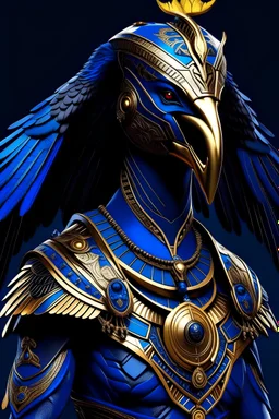Create for me an image showing a statue of a fictional character that combines the features of an eagle and a human. This character resembles Anubis, the god of the dead in ancient Egyptian mythology. The statue is made of high-quality materials and craftsmanship, and shows fine details and luxurious golden decorations. The head bears the features of an eagle, with dark blue feathers. And red eyes. The feathers give the character a majestic and powerful appearance, while the eyes reflect