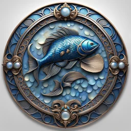 Create an image featuring an ornate metallic Pisces zodiac symbol (♓) at the center, surrounded by two detailed and elegant fish in a circular formation. The top fish is bronze with blue and silver scales, its head pointing upward and to the left. The bottom fish is adorned with silver and mother of pearl scales, its head pointing to the right but curving around the symbol. Both fish are designed with elegance and intricacy. The background consists of intricate gears and celestial charts, adding