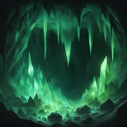A cave full of glowing green crystals the eerie light piercing the darkness, in Glass Morphism art style