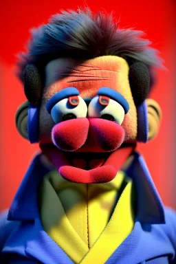 Waist up muppet Portrait, Nicolas maduro us muppet doll, Venezuelan president, tracksuit red blue and yellow, mustache, photo studio, red background, unreal engine 5, concept art, art station, ray tracing, lumen lighting, ultra detail, volumetric lighting, 3d.