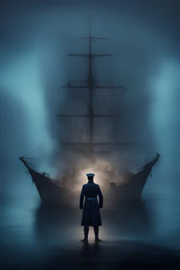 A ghostly ship captain standing in the middle of a lake surrounded by a ghostly blue mist.