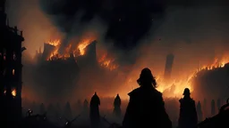 /imagine prompt: realistic, personality: [in middle ages, panoramic view of a city engulfed in flames. Smoke billows into the darkened sky, creating an atmosphere of chaos and despair. The camera slowly zooms in on a group of young men, their faces filled with determination and courage as they stand amidst the destruction. The flickering flames illuminate their expressions, reflecting their unwavering resolve to bring light back to their homeland.] unreal engine, hyper real --q 2 -