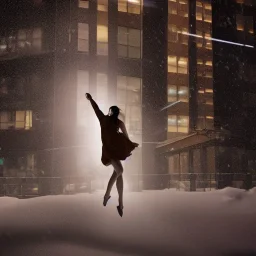 scared woman wearing a dress flying in the air outside a building, downtown snowy new york at night, dramatic, dramatic lighting, volumetric lighting, hyperrealism, 8k, high quality, photorealistic, lot of details