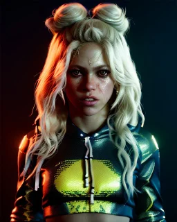 portrait, Shakira, blonde artist, angry, Realistic image, MMA robe, hoodie, mma gloves, fight pose, make-up make-up, gold line make-up, sweat, fog, goddess style, Neon colors, leds. Black background, photo studio, concept art, smooth, unreal engine 5, god lights, ray tracing, RTX, lumen lighting, ultra detail, volumetric lighting, 3d, finely drawn, high definition, 4k.