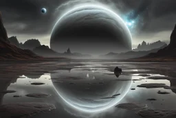 grey sky, planet in the sky, puddle, sci-fi, landscape, mountains, galactic cosmic influence