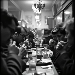 Fotograph, close-up, odd smerping people eating, Egon Schiele, George Grosz, Ilford FP4, creepy mass, hypermaximalist, hyperrealistic, truly realistic, tilt-shift, interno salotto, macabro, splonfo, Max Ernst style, strangeness, sundial light, midday, hypnotic, Yves Tanguy nightmare, twilight zone movie style, inferno