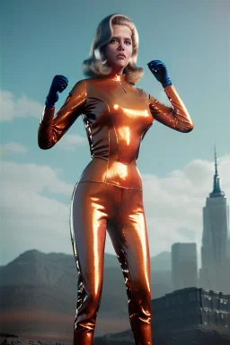 Ultra Realistic retro sci-fi portrait image from 1960, New York, spaceship, sweet young Jane Fonda, tight latex suit, weapon, fighting stance, soft color, highly detailed, unreal engine 5, ray tracing, RTX, lumen lighting, ultra detail, volumetric lighting, 3d, finely drawn, high definition, high resolution.