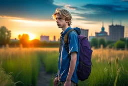 A detailed photo of a pretty fifteen year old boy wearing a backpack standing in a field with an abandoned city skyline in the background, shaggy blond hair, wearing short sleeves and shorts, sunset, tall grass, bright colours, baste landscape, cinematic photography, high resolution, high quality, highly detailed.