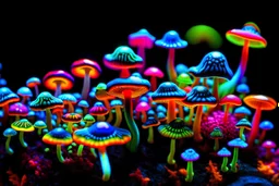colorful, neon, psychedelic, trippy, tiny mushrooms, black edges,