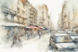 City sketch, watercolor, white background, vibrancy of watercolor wash, highly detailed, with sharp focus and smooth transitions. Carne Griffiths, Wadim Kashim, Carl Larsson, Pascal Blanche, golden ratio, masterpiece, trend on CGSociety and Artstation, bottomless, impressive, something that does not even exist, textures, iridescent scales and luminescent, impressive beauty, pure perfection, divine presence, unforgettable beauty, impressive, impressive, volumetric light, auras, rays, reflections