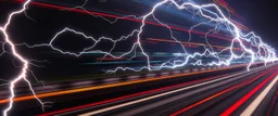 lightning and electricity streaming across composition left to right, behind is a bunch of racing inspired stripes to convey speed