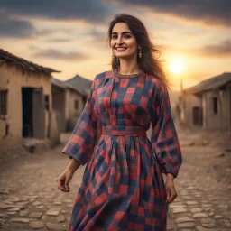 Hyper Realistic Young-Happy-Pashto Woman wearing checkered-patterned dress in a village at cloudy sunset with dramatic ambiance