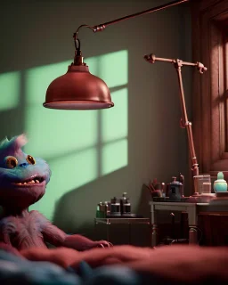 Room boy scene with color hair monster, Steven Spielberg style, realistic photo, sweet, concept art, smooth, unreal engine 5, god lights, ray tracing, RTX, lumen lighting, ultra detail, volumetric lighting, 3d.