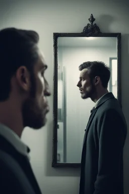 a man looking into a mirror and seeing a horrifying, monstrous reflection