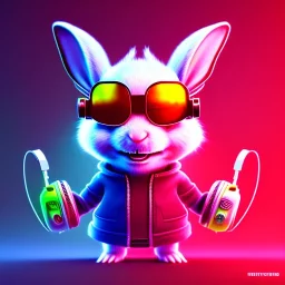 pixar style anamorphic cute smiling baby rabbit, smiling, cyberpunk headphone, sunglass, gangsta gold necklaces, full body, magenta puffer jacket, manila city background, dramatic lighting, hyper realistic, unreal engine 5, 16k