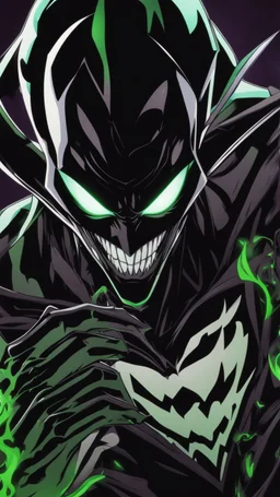 A very close picture to Mix between the joker and venom symbiote in solo leveling shadow art style with neon green details