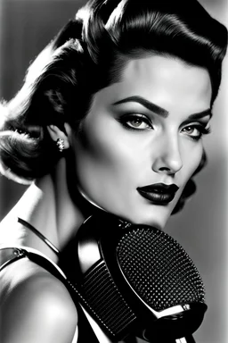 portrait, beauty supermodel, close up, helmut newton, perfect face, lamp or microphone or radio or telephone