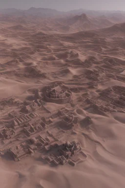 ancient, fantasy, chinese town, dune, crater, sand strom, destroyed chinese houses