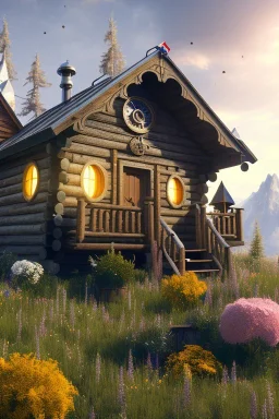 hyper detail, hyper realism, 4k, high quality, small wooden cabin, flowers, steampunk, cinematic lighting, mountain,