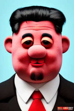 Waist up muppet Portrait, Kim Jong-un muppet doll, black suit, photo studio, red background, unreal engine 5, concept art, art station, god lights, ray tracing, RTX, lumen lighting, ultra detail, volumetric lighting, 3d.