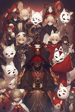 Hooded man, red eyes, wearing a wide cape, wears a fox mask with red customizations, everything is very dark and gloomy