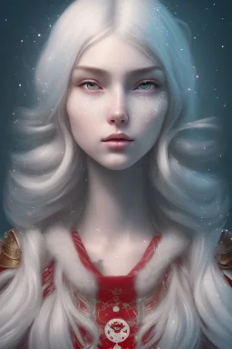 girl, cute, beautiful, long eyelashes, white hair, Santa hat, snowflakes, red dress, head and shoulders portrait, 8k resolution concept art portrait by Greg Rutkowski, Artgerm, WLOP, Alphonse Mucha dynamic lighting hyperdetailed intricately detailed Splash art trending on Artstation triadic colors Unreal Engine 5 volumetric lighting