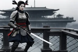 [on the bridge of the Potemkin] Onna bugeisha woman in armour with a katana on japanese battleship: Surreal... a psychological thriller... ... mix in a little World War II... sure... surreal events in an occupied town... man sees ancient soldier hiding in abandoned home... "Twilight Zone." What's that? No! You didn't want any jungle queens! Now wait a minute. You can't breathe. Too hot in here. Gotta open your eyes! Your mouth! What? They're open? Impossible-- You can't breathe! What? Fly? You a