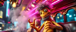 close up portrait of hairy fluffy polymer clay cute happy excited gesticulating alien monster banana man with realistic human colored and textured skin, and long sleek limbs and with studio lights, on a luxury ornate neon buss with strange graphitti and tatooes, talking to a wise man, buss is full of smoke, and bright beams from the sky