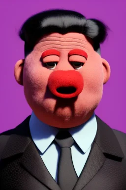 Waist up muppet Portrait, Kim Jong-un as muppet doll, black suit and red tie, photo studio, blue background, unreal engine 5, concept art, art station, god lights, ray tracing, RTX, lumen lighting, ultra detail, volumetric lighting, 3d.