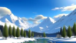 Mountainscape with snow, trees, river, clouds, blue sky, hi def 4k in the style of Rousseau