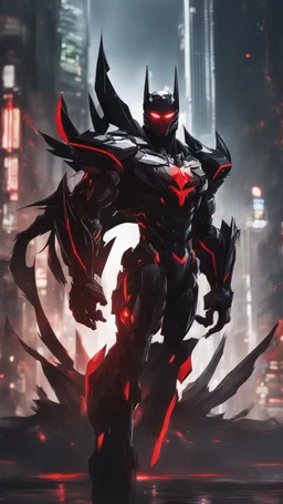 A close picture to Mix between transformers and batman and symbiote venom in solo leveling shadow art style with red details detailsis in fantasy world