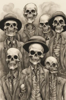 Zombie boy band called Skeleton Crew; Intricate Line Drawing; Ink Wash With Watercolor Paint