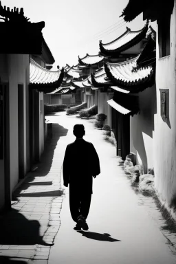 Black & white man walks on road's chinese village with playing light and shadow as ho fan style