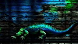 A reptile with a translucent body in shades of green and blue crawls across a brick wall covered in graffiti. The composition and lighting enhance the surreal and mysterious nature of the scene.