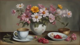 still life with flowers of kosmeya and a cup