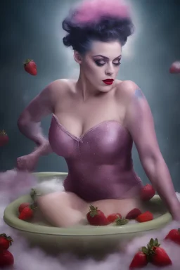 full body portrait - the bride of Frankenstein, wearing a pink, bikini in a hot tub - 32k, UHD, 1080p, 8 x 10, glossy professional quality digital photograph - dark blue and dark red, and light maroon and purple and foggy black gradated background with a paint splattered wall, strawberries, stars, planets, galaxies, an assortment of bright, colorful floral arrangements, black roses, blue roses, red roses, yellow roses, pink roses, dandelions, honeysuckle roses, tulips, carnations,