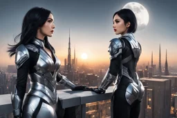 A slim Woman With Black shoulder length hair, Wearing a silver and black android-looking suit, standing sideways On a ledge of a building, with a moon Behind Her Head, towering spires and buildings highlighted by the setting sun