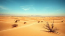 A surreal desert scene, with tachisme techniques used to depict a mirage of a city in the distance, blending seamlessly with the natural surroundings.