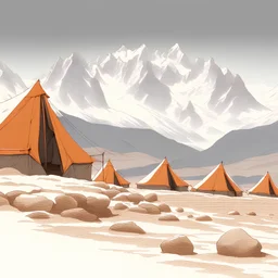 A rugged and rocky valley lies in a landscape of grey stone jutting out of red sandy gravel. Large snow-capped mountains loom in the background. The sky is tinted orange, and thin clouds streak the sky like they're being driven by a strong wind. Low canvas tents lay sprawled in the foreground, scattered between small stone huts.