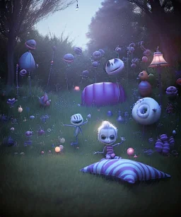 Tim burton photographer, Ultra realistic garden night scene, portrait, wide angle view :: child playing with feather pillows and sweet inflatable monsters, circus dress style, feather color, free jumping, soft color, highly detailed, unreal engine 5, ray tracing, RTX, lumen lighting, ultra detail, volumetric lighting, 3d, finely drawn, high definition.