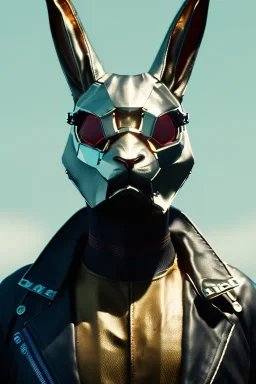 Medium Close Up Portrait, Front image. cyberpunk, rabbit mask, British man, white short hair. leather, gold suit. White, black, red, color. Retro futuristic style. Color background, photo studio. Avatar image, highly detailed, concept art, smooth, unreal engine 5, god rays, ray tracing, RTX, lumen lighting, ultra detail, volumetric lighting, 3d, finely drawn, high definition, high resolution.