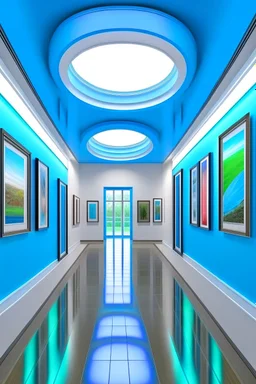 3 D-shot A hall for displaying art paintings The walls are in the shape of an oval and there is an oval wall in the middle of the hall to divide the hall into two parts and the paintings are hanging on the walls and the walls are made of glass and the colors of the glass are blue and the floor is white