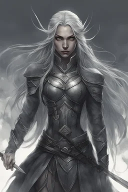 A female elf with skin the color of storm clouds, deep grey, stands ready for battle. Her long black hair flows behind her like a shadow, while her eyes gleam with a fierce silver light. Despite the grim set of her mouth, there's a undeniable beauty in her fierce countenance. She's been in a fight, evidenced by the ragged state of her leather armor and the red cape that's seen better days, edges frayed and torn. In her hands, she grips two swords, their blades spattered with an eerie green blood