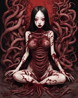 Petit weird woman with many worms from his body, sit pose, fullbody, splashes blood, behind guts rising from the ground, intricate, darkred tones, macro photography, Junji Ito style,