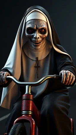 a front view of the Nun from the horror movie, riding a children’s tricycle, his face skin is a rusted broken metallic skin texture in a 3d rendering full-height image of a grim and dark scene. Ensure the final images exhibit the utmost quality, encompassing 4K, 8K, and 64K resolutions, with 3D rendering that manifests in photorealistic, hyperrealistic, and highly detailed representations. Employ techniques such as HDR, UHD,