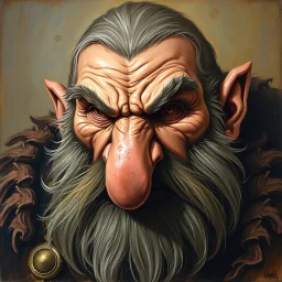 Dnd, handpainted by a renaissance artist, oil painting, head portrait, sturdy, mighty, grizzled, old, angry, barbarian, big nose