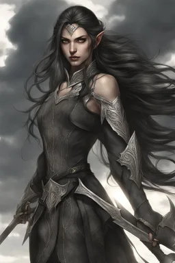 SA female elf with skin the color of storm clouds, deep grey, stands ready for battle. Her long black hair flows behind her like a shadow, while her eyes gleam with a fierce silver light. Despite the grim set of her mouth, there's a undeniable beauty in her fierce countenance. She's been in a fight, evidenced by the ragged state of her leather armor and the red cape that's seen better days, edges frayed and torn. In her hands, she grips two daggers, add dark shadow mystic purple flames